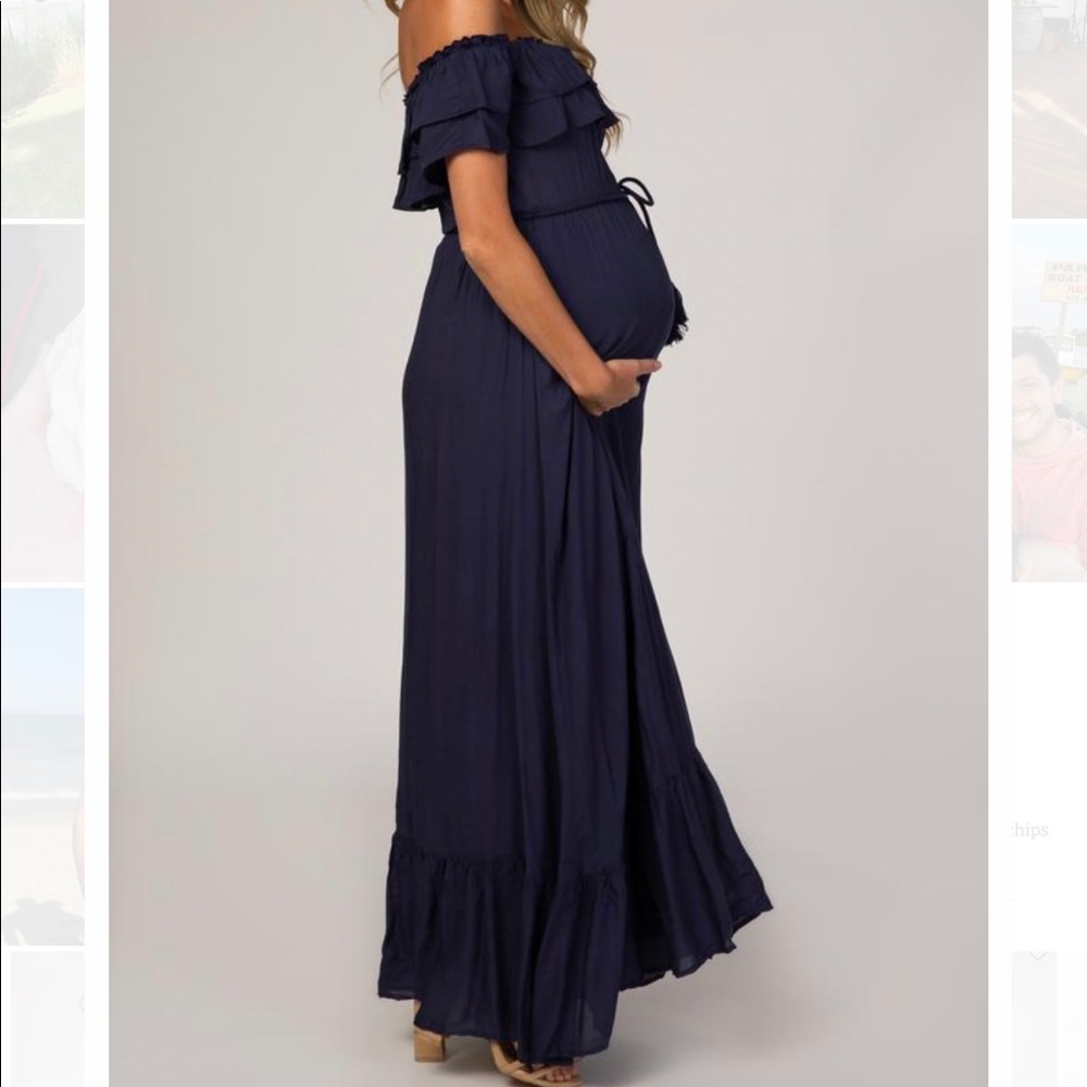Navy Blue off shoulder tassel tie maternity dress